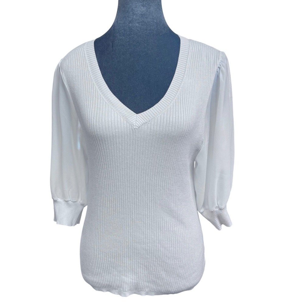 Design History Romantic Coquette V-Neck Rib Knit Top White Sheer Puff Sleeve L